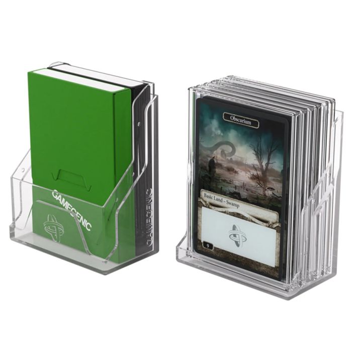 Deck Box: Bastion: 50+ XL Clear - Clear plastic deck box holding green card sleeves and a separate clear deck box holding oversized game cards with fantasy.
