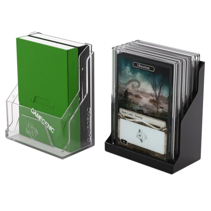 Deck Box: Bastion: 50+ XL Black & Clear - Clear and black plastic card deck box with compartments holding cards and a green booklet.