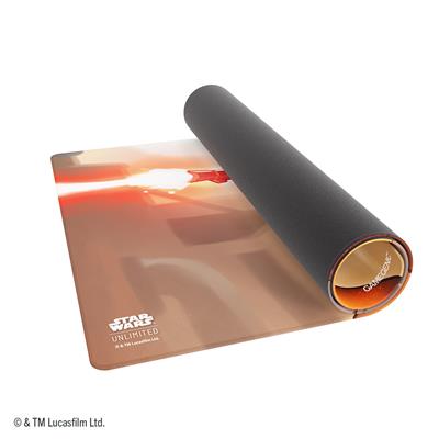 Star Wars: Unlimited Game Mat - Cad Bane - Rolled brown and orange Star Wars-themed playmat featuring Cad Bane artwork with smooth fabric surface and black backing.