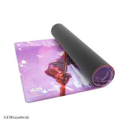 Star Wars: Unlimited Shiny Game Mat - The Armorer - Rolled shiny game mat with purple Star Wars design featuring The Armorer, black backing, and smooth surface.