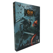 D&D 5E: Grim Hollow: Monster Grimoire - Dark fantasy book cover featuring a menacing armored warrior with a glowing sword, bats flying above, and fiery highlights.