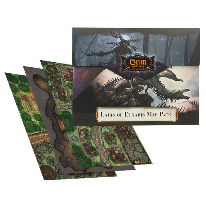 D&D 5E: Grim Hollow: Lairs of Etharis Map Pack - Folded fantasy game map pack featuring dark, eerie forest and swamp terrain with green foliage and muddy paths.