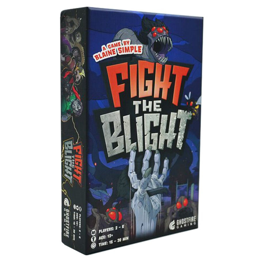 Fight the Blight - Dark blue card game box titled Fight the Blight with a robotic hand and red robotic eyes on cover.
