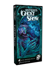 Antiques Ghost Show - Tall rectangular board game box with dark blue and teal ghostly skeleton artwork and ornate swirling designs, titled.