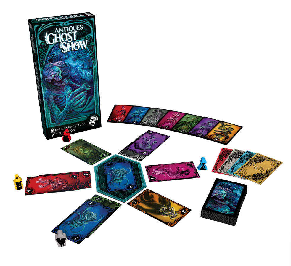 Antiques Ghost Show - Antiques Ghost Show board game with colorful rectangular cards, illustrated character cards, black card deck, and small.