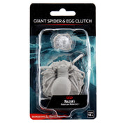 D&D Nolzur's Marvelous Miniatures: Giant Spider & Egg Clutch - Unpainted plastic miniature of a large spider with detailed legs and an egg clutch, packaged in clear blister pack with.