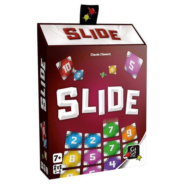 Slide - Slide card game box with colorful numbered cards on a dark red background and white bold title text.