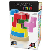 Katamino Tower - Colorful wooden blocks shaped like geometric puzzle pieces stacked on a circular base for the Katamino Tower dexterity game.