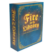 Fire in the Library 2nd Edition - Blue rectangular box with ornate gold lettering and decorative corners, titled Fire in the Library card game.