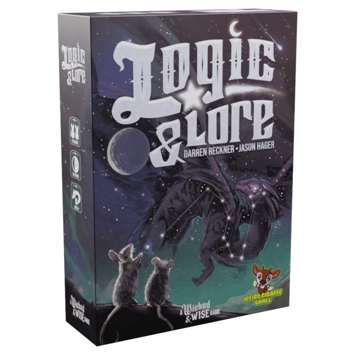 Logic & Lore - Logic & Lore board game box featuring a dark purple night sky, white fantasy-style lettering, a black dragon, and two mice.