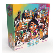 Way Too Many Cats! - Colorful square game box featuring a cartoon girl surrounded by numerous playful cats on a rainbow gradient background.