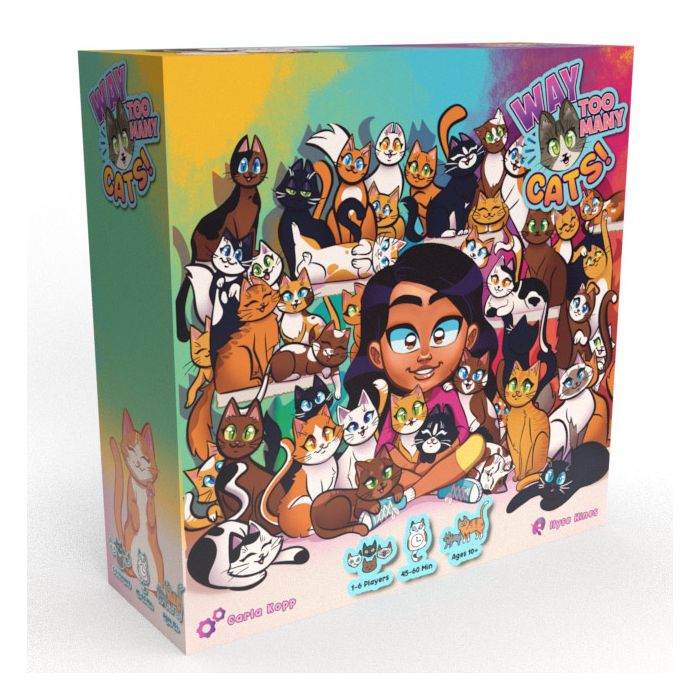 Way Too Many Cats! - Colorful square game box featuring a cartoon girl surrounded by numerous playful cats on a rainbow gradient background.
