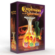 Explosion in the Laboratory - Card game box with fiery laboratory flask, skull background, and bold yellow title "Explosion in the Laboratory" on dark.