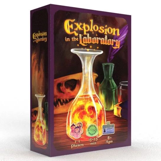 Explosion in the Laboratory - Card game box with fiery laboratory flask, skull background, and bold yellow title "Explosion in the Laboratory" on dark.