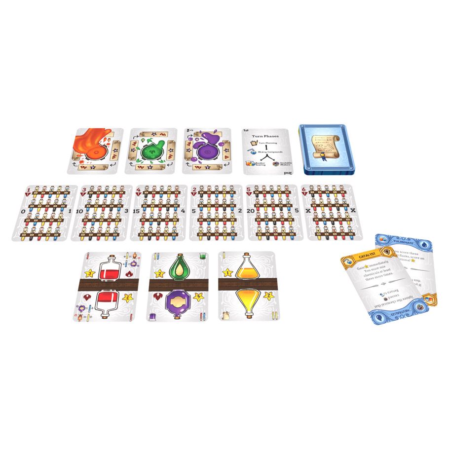 Explosion in the Laboratory - Card game set with colorful illustrated character and item cards, wooden cube pieces, and two rule cards on white background.