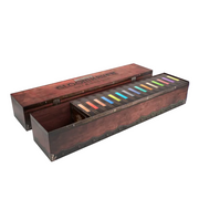 Gloomhaven RPG: The Complete Card Set (PREORDER) - Long rectangular wooden box with a sliding lid engraved with "GLOOMHAVEN," containing rows of colorful game cards visible.