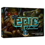 Tiny Epic Cthulhu - Board game box with a dark, eerie depiction of a monstrous hand and glowing red eyes, featuring bold, glowing turquoise.