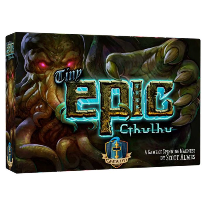 Tiny Epic Cthulhu - Board game box with a dark, eerie depiction of a monstrous hand and glowing red eyes, featuring bold, glowing turquoise.