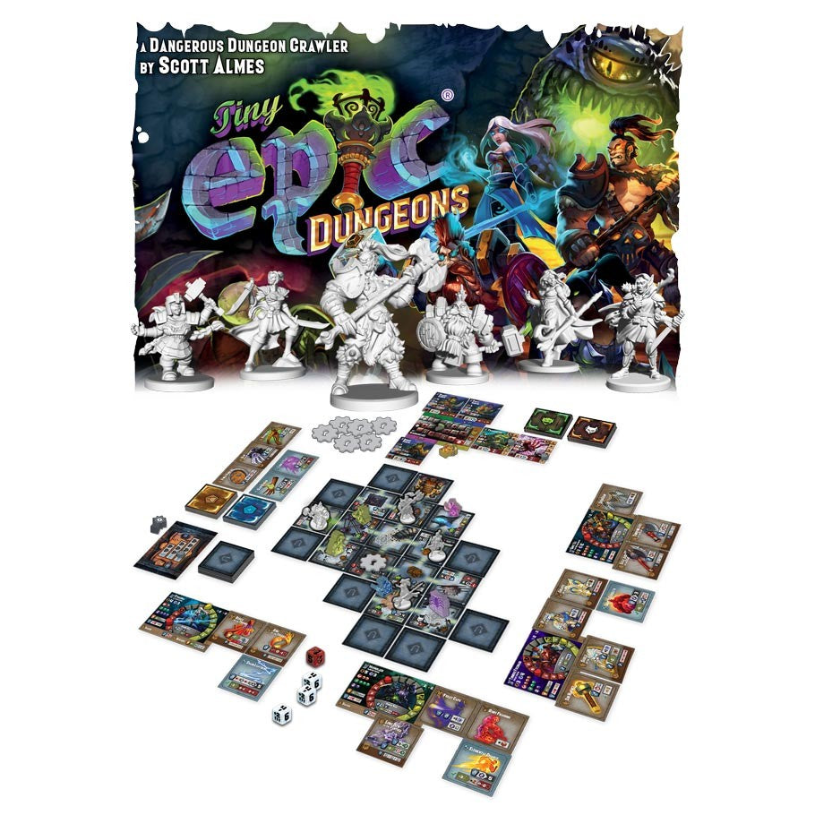 Tiny Epic Dungeons - Colorful Tiny Epic Dungeons game box with detailed fantasy artwork, miniature figurines, dice, cards, and modular board.