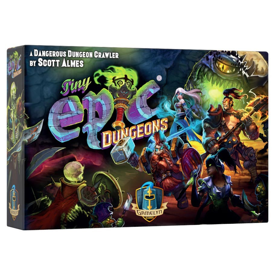 Tiny Epic Dungeons - Rectangular box with vivid fantasy artwork featuring warriors and monsters in a dungeon setting, colorful "Tiny Epic.
