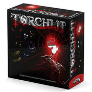 Torchlit - Black card game box with red and white torch flame graphic and bold "TORCHLIT" title in white gothic font.
