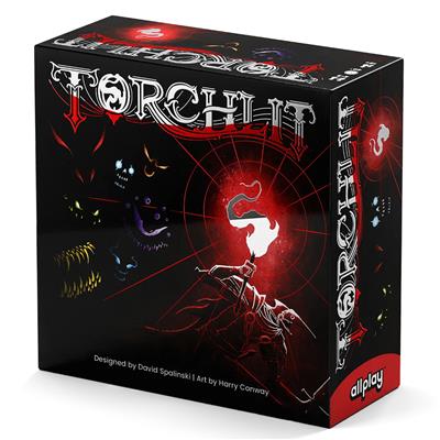 Torchlit - Black card game box with red and white torch flame graphic and bold "TORCHLIT" title in white gothic font.