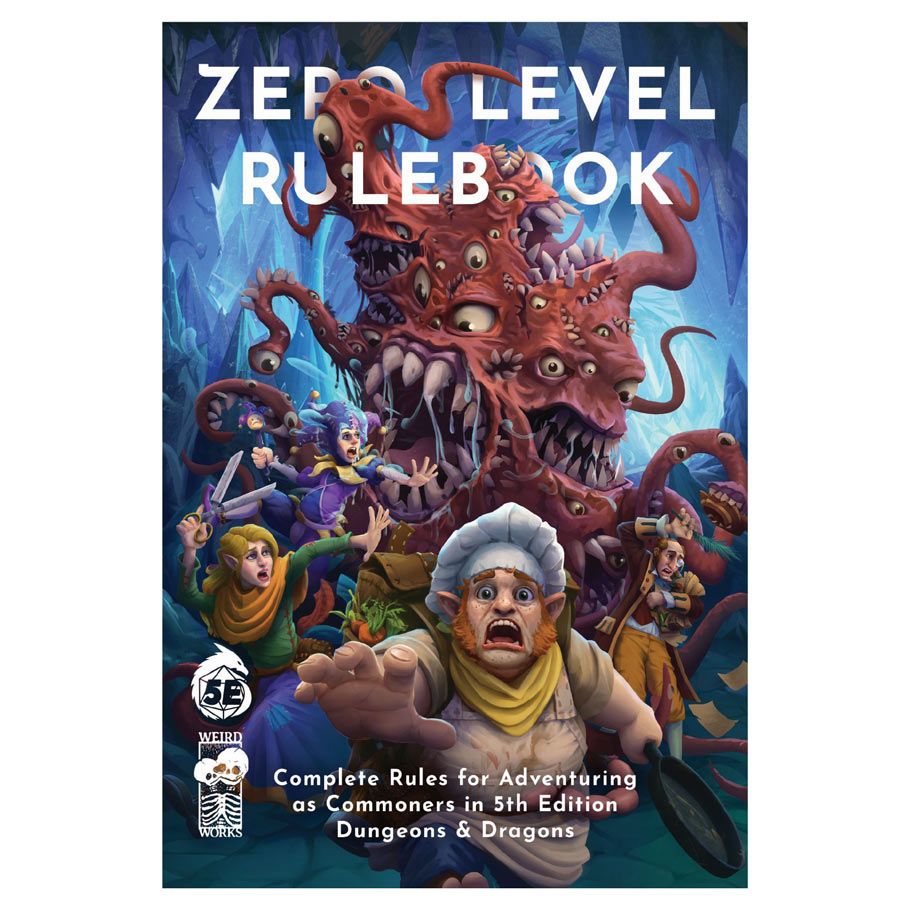 D&D 5E: Zero Level Rulebook for 5E - Colorful fantasy book cover featuring adventurers battling a red multi-eyed, tentacled monster with bold white title text on