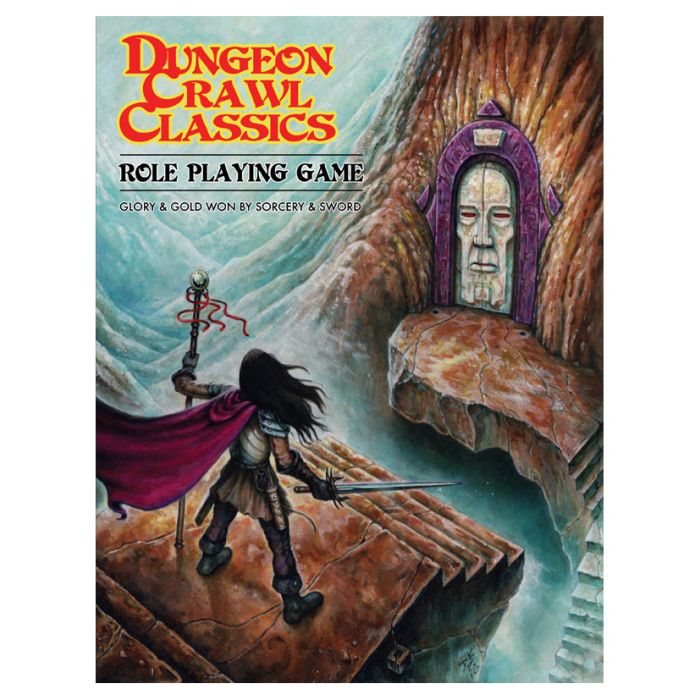 Dungeon Crawl Classics: Core Rulebook (Softcover) - Softcover RPG book with fantasy cover art of a cloaked adventurer facing a mysterious glowing door carved into rock.