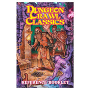 Dungeon Crawl Classics: Reference Booklet - Colorful RPG booklet cover featuring two armored adventurers and a purple monster in a dungeon setting.