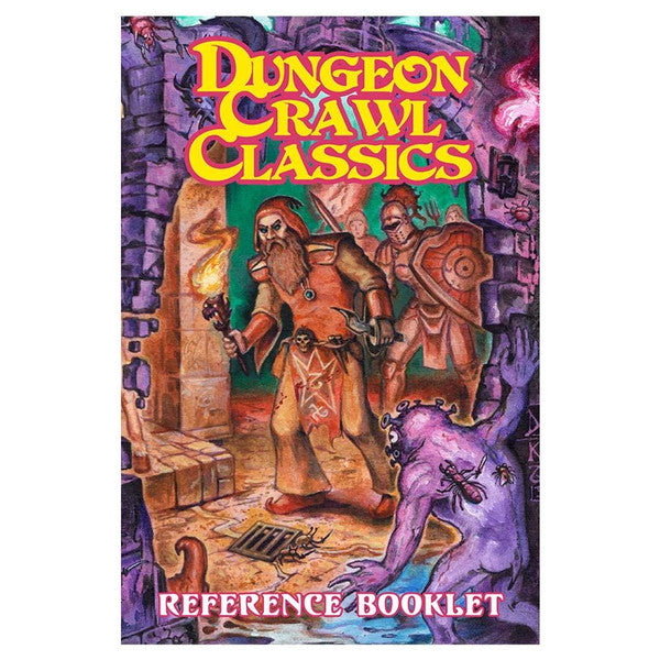 Dungeon Crawl Classics: Reference Booklet - Colorful RPG booklet cover featuring two armored adventurers and a purple monster in a dungeon setting.