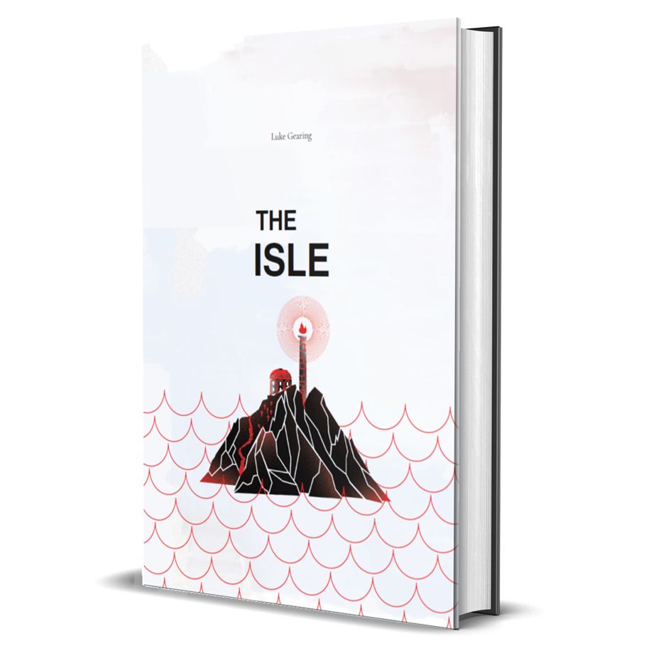 Adventure Writer: The Isle - Hardcover book titled "The Isle" with minimalist white cover, red and black volcano illustration emitting smoke, and.