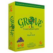 Grove - Bright green box for Grove card game with tree and orange fruit illustration and yellow text.