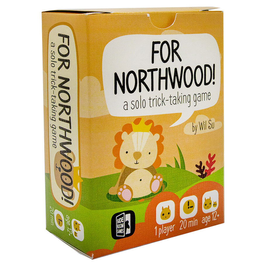 For Northwood! - Compact yellow card game box featuring a cartoon lion on grass, labeled For Northwood! solo trick-taking game.