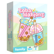 Boba Mahjong - Colorful box for Boba Mahjong featuring illustrated bubble tea cups with tapioca pearls, designed in pastel pink, blue, and.