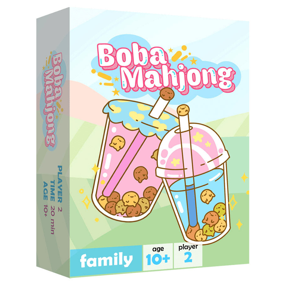 Boba Mahjong - Colorful box for Boba Mahjong featuring illustrated bubble tea cups with tapioca pearls, designed in pastel pink, blue, and.