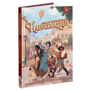 Flabbergasted! A Comedic Roleplaying Game - Hardcover game book with colorful cartoon characters in 18th-century attire walking a dog in a lively city street, titled.