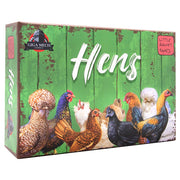 Hens - Rectangular green box with rustic wood texture featuring illustrated colorful chickens and white "Hens" text for a card game.
