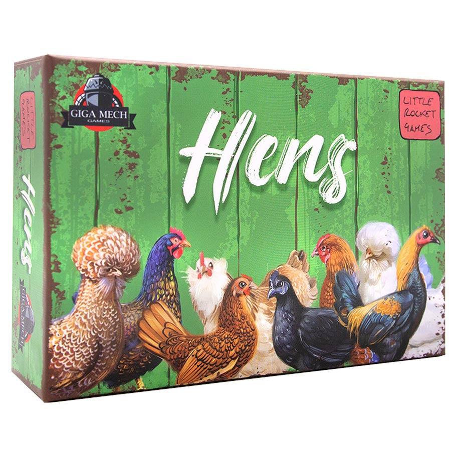 Hens - Rectangular green box with rustic wood texture featuring illustrated colorful chickens and white "Hens" text for a card game.