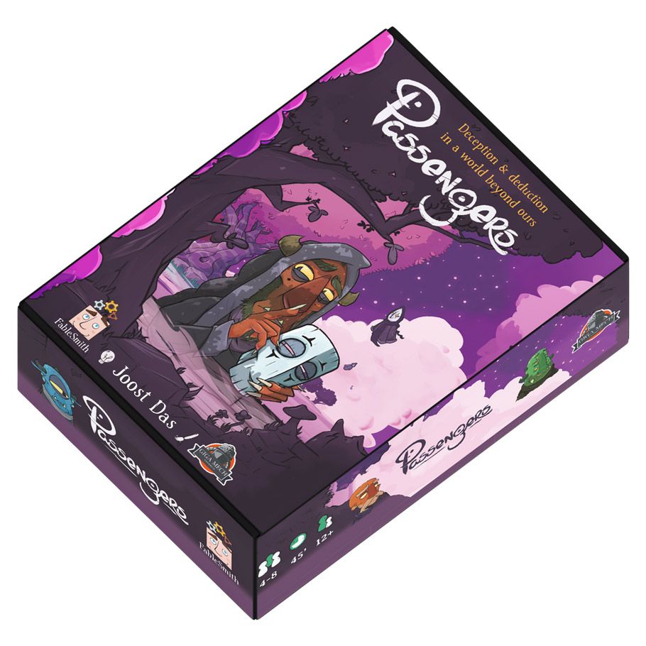 Passengers - Party game box with purple and black starry sky design featuring a character holding a spaceship control panel and whimsical
