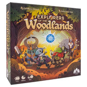 Explorers of the Woodlands - Square board game box with colorful cartoon woodland animals dressed as explorers in a forest setting under a bright moon.