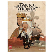 Tanto Monta - Board game box art featuring medieval King and Queen portraits with crowns, a knight in armor, and a sailing ship against a.