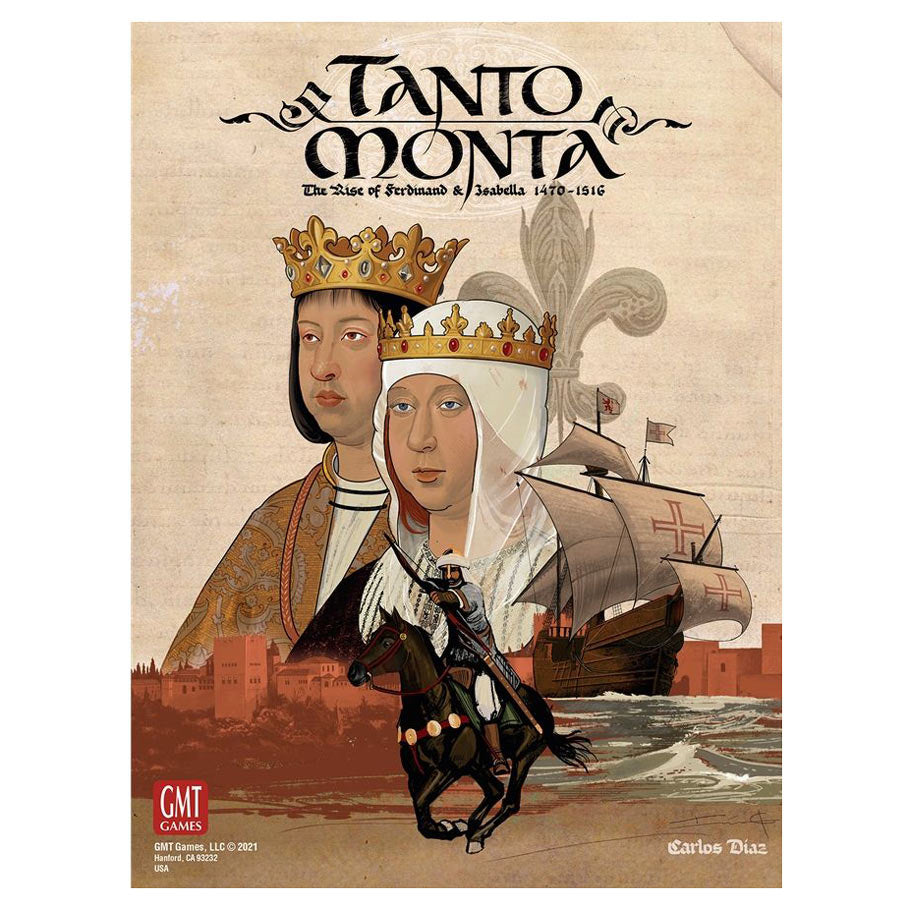Tanto Monta - Board game box art featuring medieval King and Queen portraits with crowns, a knight in armor, and a sailing ship against a.