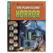 Plum Island Horror - Vintage-style board game box with orange top, green horror title, and eerie island scene with building and trees.