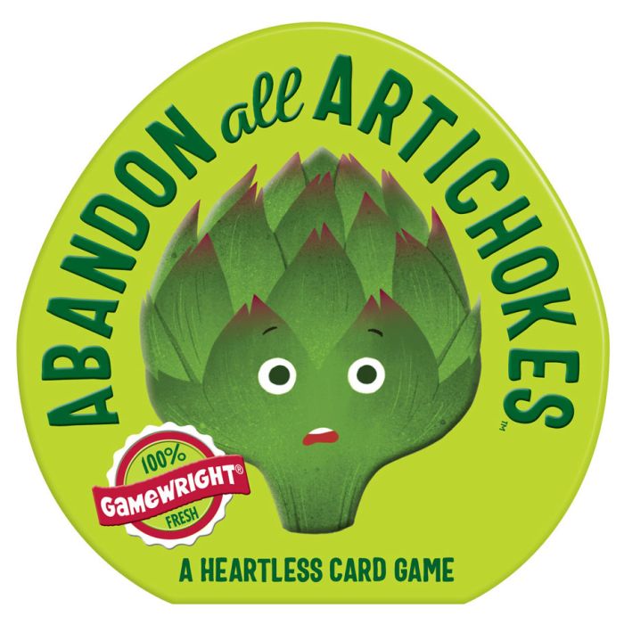Abandon All Artichokes - Round bright green card game box featuring a cartoon artichoke with eyes and mouth and bold text "Abandon all Artichokes".