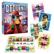 Deduckto - Deduckto strategy game box with detective duck illustration, character and location cards featuring colorful animal figures.