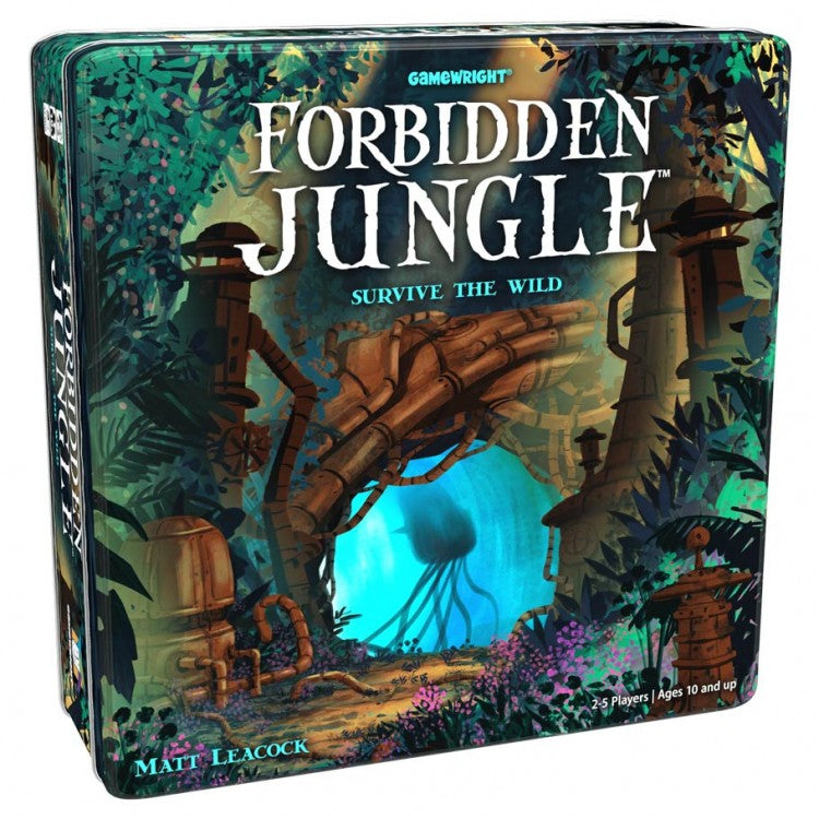 Forbidden Jungle - Square board game box with dense jungle artwork, featuring vibrant green foliage, ancient ruins, and a glowing blue spider.