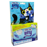 Feed the Kitty Travel Tin - Rectangular blue tin with cartoon black and white cat holding fish, labeled "Feed the Kitty" family card game packaging with