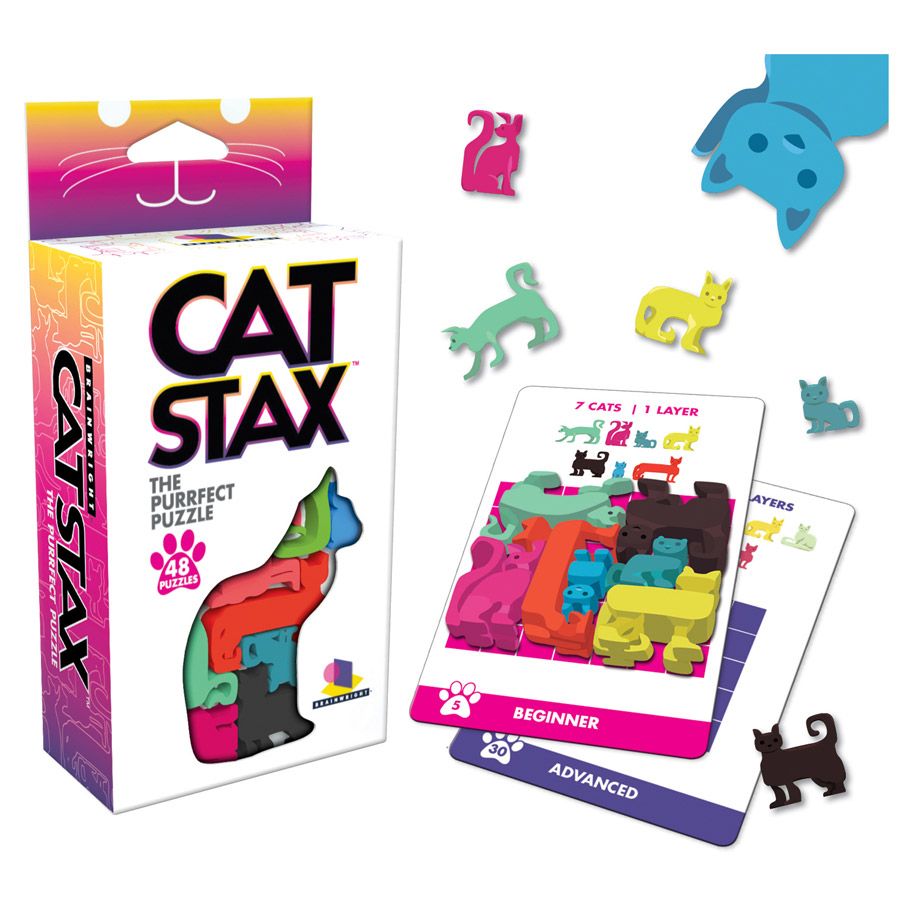 Cat Stax - Colorful cat-shaped puzzle pieces with varying shapes, displayed alongside a tiered difficulty guide and a box featuring a.