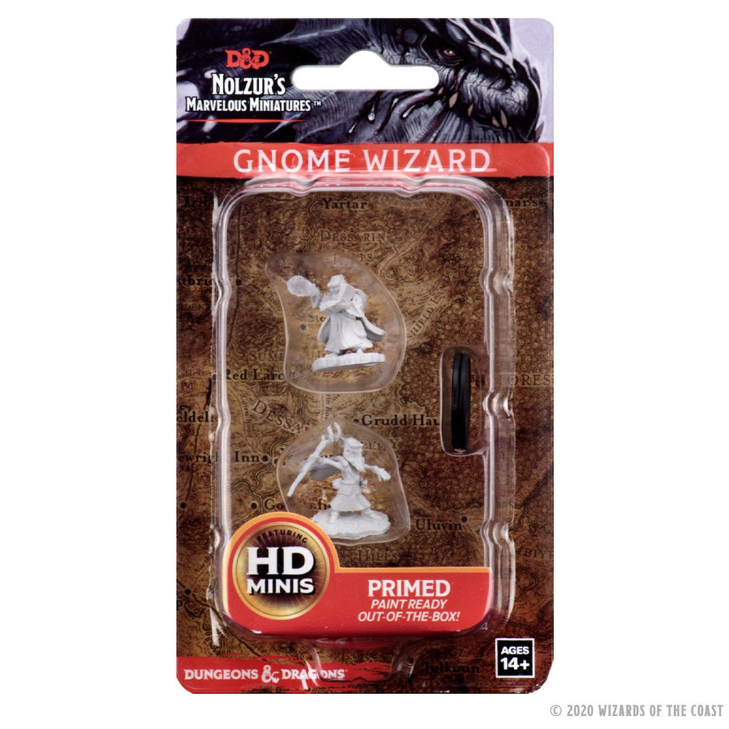 D&D Nolzur's Marvelous Miniatures: Male Gnome Wizard - Unpainted gray plastic miniature of male gnome wizard holding staff and casting spell, packaged in clear blister with red.