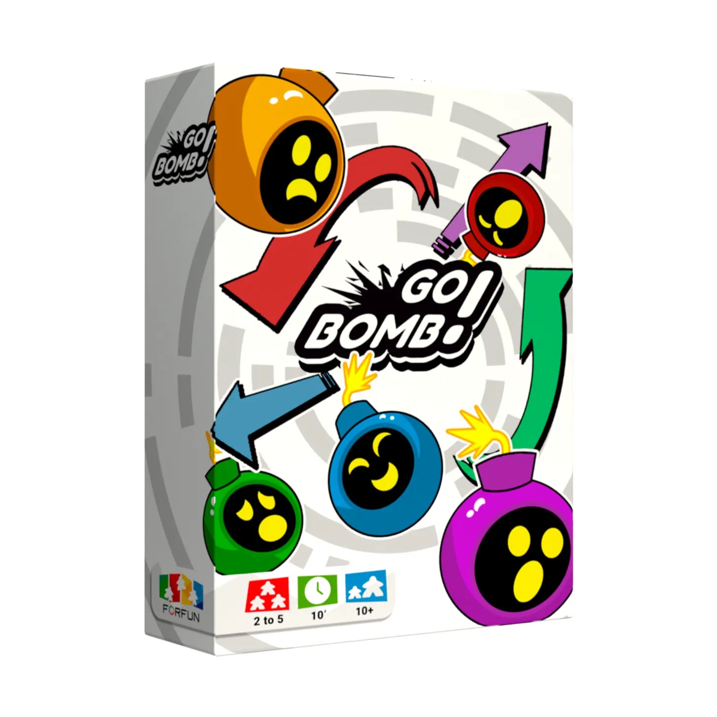 Go Bomb (PREORDER) - Colorful game box featuring cartoon bomb characters in orange, green, blue, and purple with expressive faces and arrows.